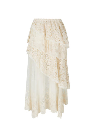 an-off-white-lace-tiered-skirt-with-an-asymmetrical-ruffle-design-displayed-against-a-solid-white-background