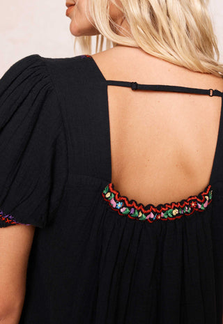 close-up-back-view-of-a-woman-wearing-a-black-dress-with-puff-sleeves-and-a-colorful-embroidered-trim-around-the-open-back