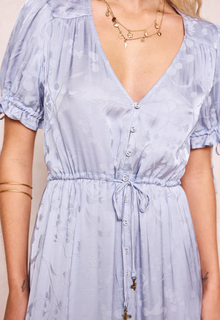 a-close-up-of-a-woman-wearing-a-light-blue-floral-print-dress-with-a-deep-v-neckline-short-puff-sleeves-and-a-drawstring-waist