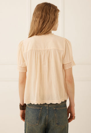 A woman viewed from behind wearing a light beige short-sleeve blouse with lace trim at the cuffs and a scalloped hem, paired with blue jeans against a white paneled wall.