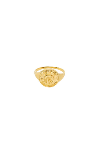 front-image-of-spell-s-sagittarius-stargazer-zodiac-ring-the-hand-crafted-ring-comes-in-22k-gold-vermeil-and-features-an-embossed-artwork-of-the-zodiac-sign
